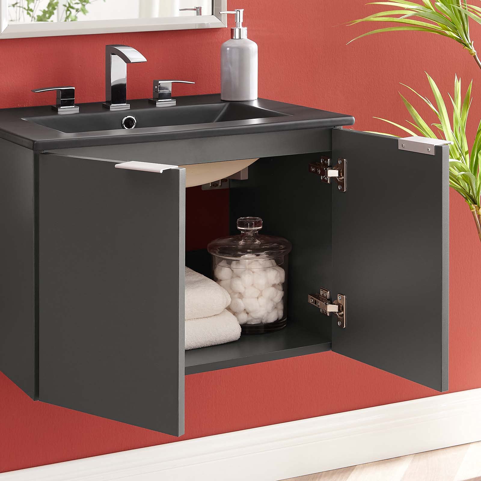 Modern Wall-Mounted Sink Vanity Cabinet - Melamine Bathroom Storage in Grey, Gray & Black - Contemporary Hotel Style for Home & Commercial Bathrooms