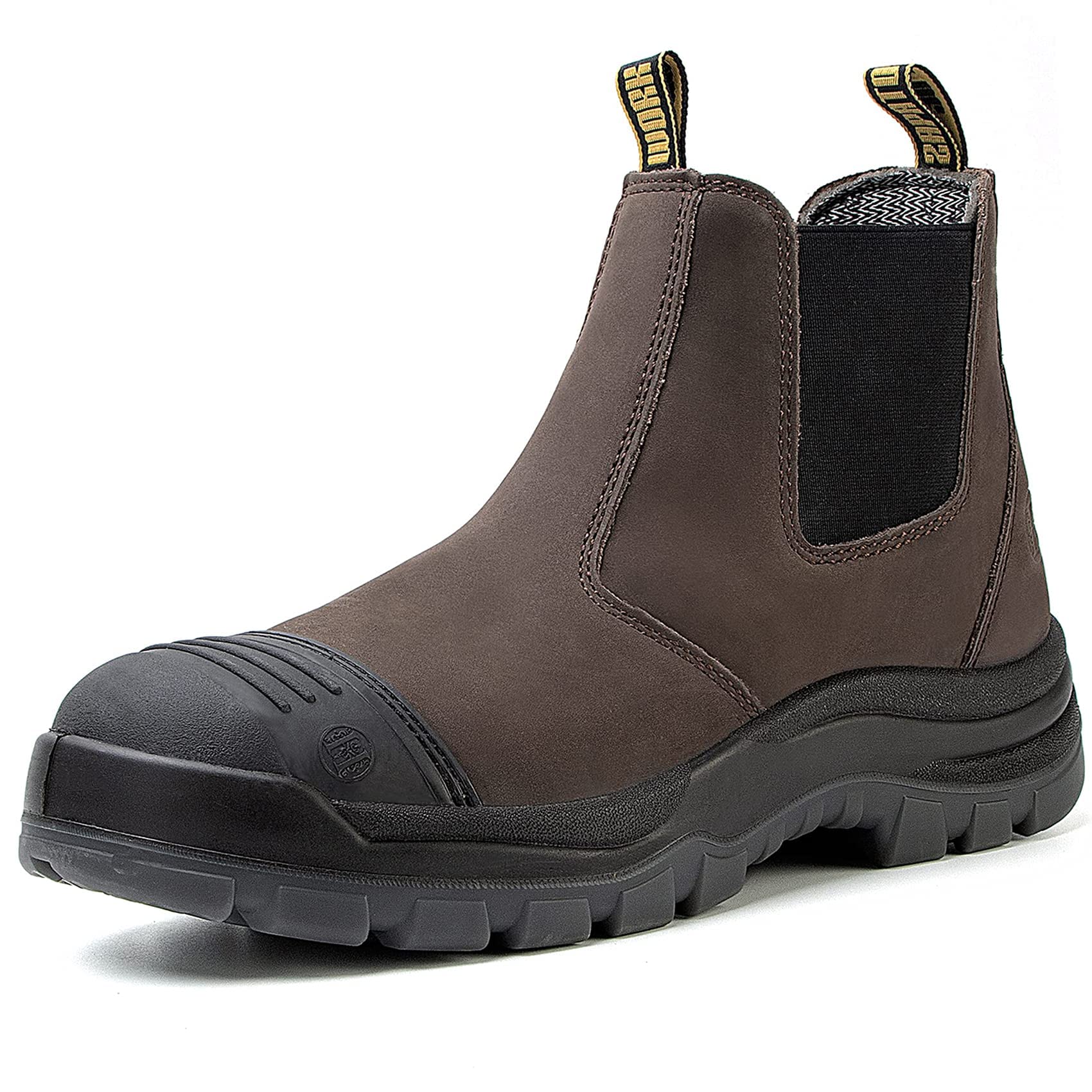 **Men's Steel/Soft Toe Waterproof Work Boots - Slip Resistant, Static Dissipative Safety Shoes for Construction & Outdoor Work (Dark Brown)**    **使用场景:** Ideal for construction workers, electricians, and outdoor laborers needing durable, waterproof, and slip-resistant footwear.