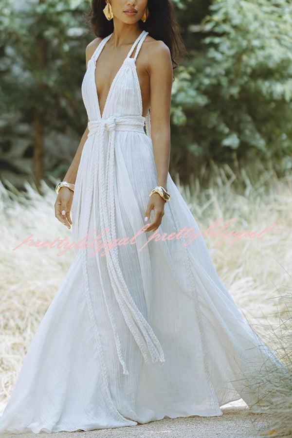 Summer Whispers Linen Blend Maxi Dress - Deep V Neck Halter Backless Cover Up with Draped Braids | Perfect for Beach Vacations, Pool Parties & Summer Weddings