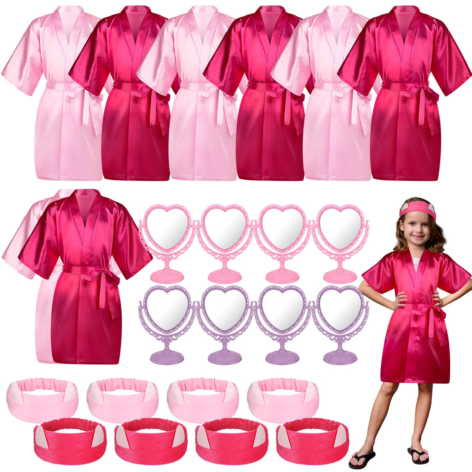 8-Piece Girls Spa Party Kit - Satin Kimono Robes, Heart-Shaped Mirrors & Spa Headbands for Sleepovers, Birthday Parties & Pampering Sessions | Perfect for DIY Home Spa Nights, Teen Birthday Gifts & Relaxation Activities