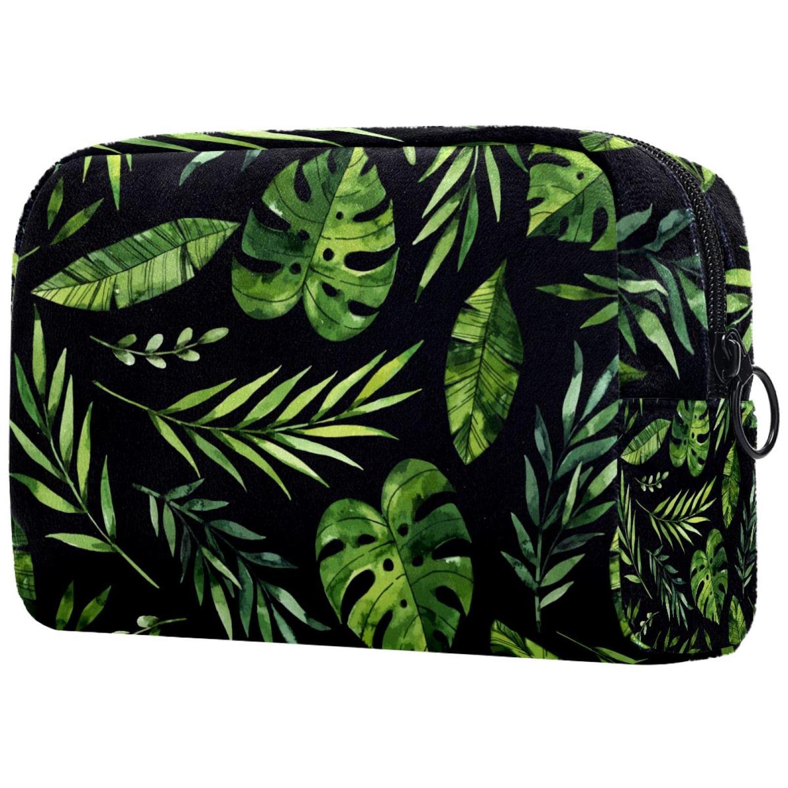 Waterproof Black Green Leaf Cosmetic Makeup Bag with Zipper - Travel Toiletry Organizer for Cosmetics, Makeup Brushes & Jewelry Storage - Perfect for Vacation, Gym & Daily Essentials Organization