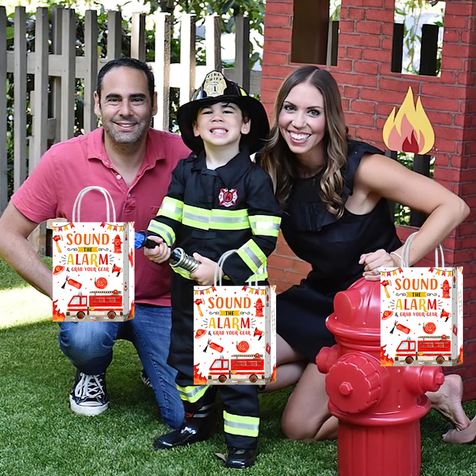 16-Piece Fire Truck Goodie Bags with Handles - Fire Engine Themed Party Supplies for Kids & Adults - Perfect for Birthday Parties, Snacks, Treats & Candy Favors | Ideal for Firefighter-Themed Decorations & Events