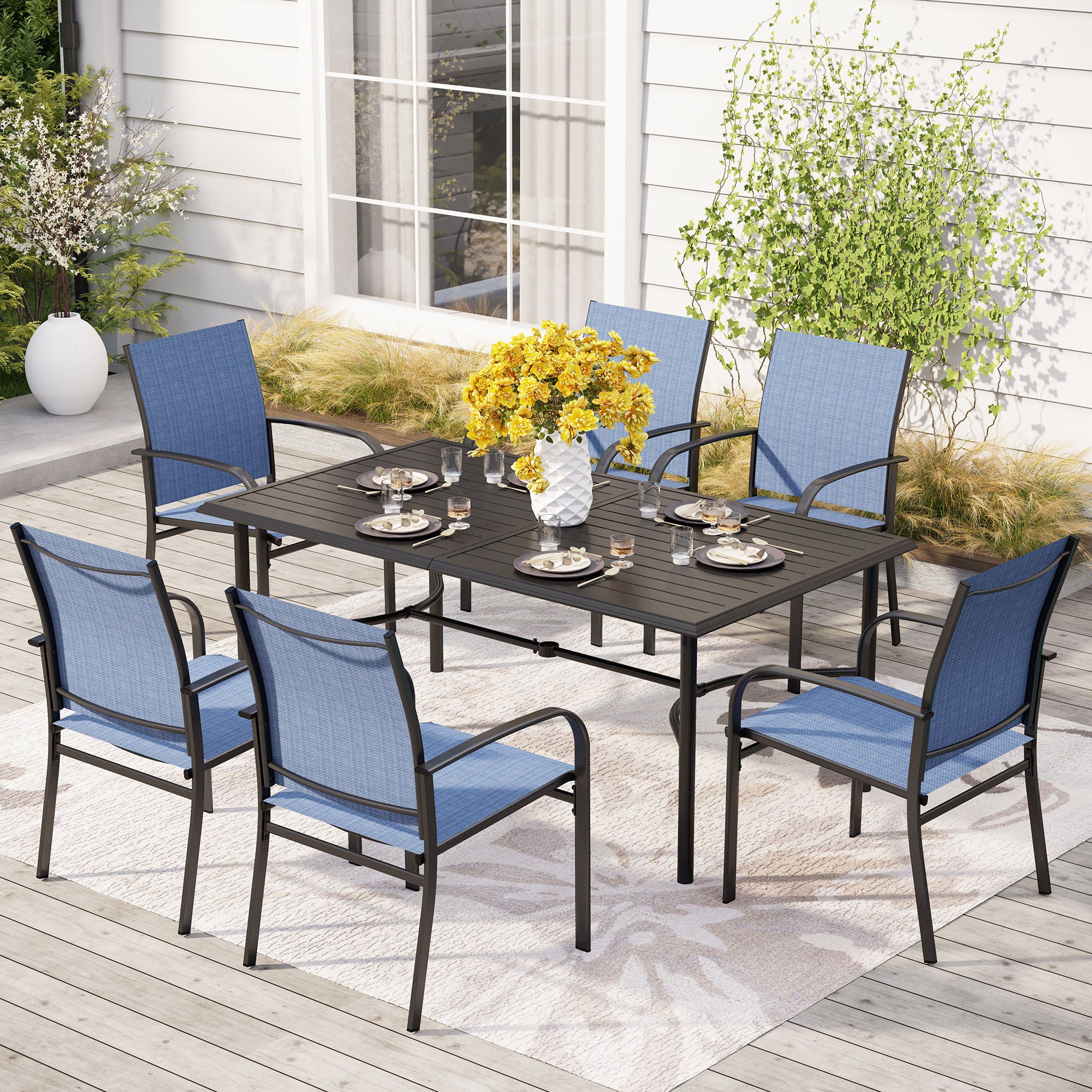 7-Piece Patio Dining Set with Textilene Chairs & Steel Table - Outdoor Furniture for Backyard, Garden, Poolside, and Deck - Sophia & William