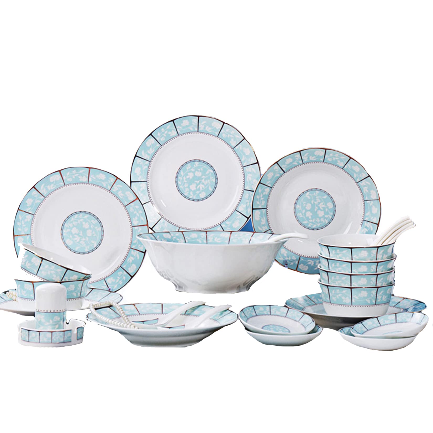 HLONGG 28-Piece Porcelain Dinnerware Set - Ivory White & Blue China Set with Bowls, Dessert Plates, Soup Plates & Dinner Plates - Elegant Tableware for Family Dinners, Christmas Parties & Daily Use | Perfect for Holiday Entertaining, Formal Dining & Home Decor