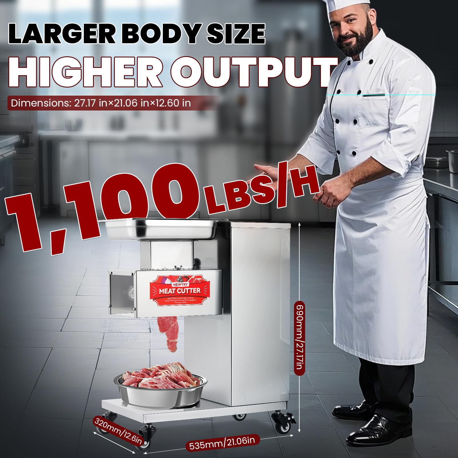 NEWTRY Commercial Meat Cutter Machine - 3mm Meat Slicer for Restaurant & Butcher Shop, 1100 lbs/Hour, Cuts Strips Cubes & Minces, Heavy Duty QE Approved (Perfect for Deli, Catering & Food Processing)