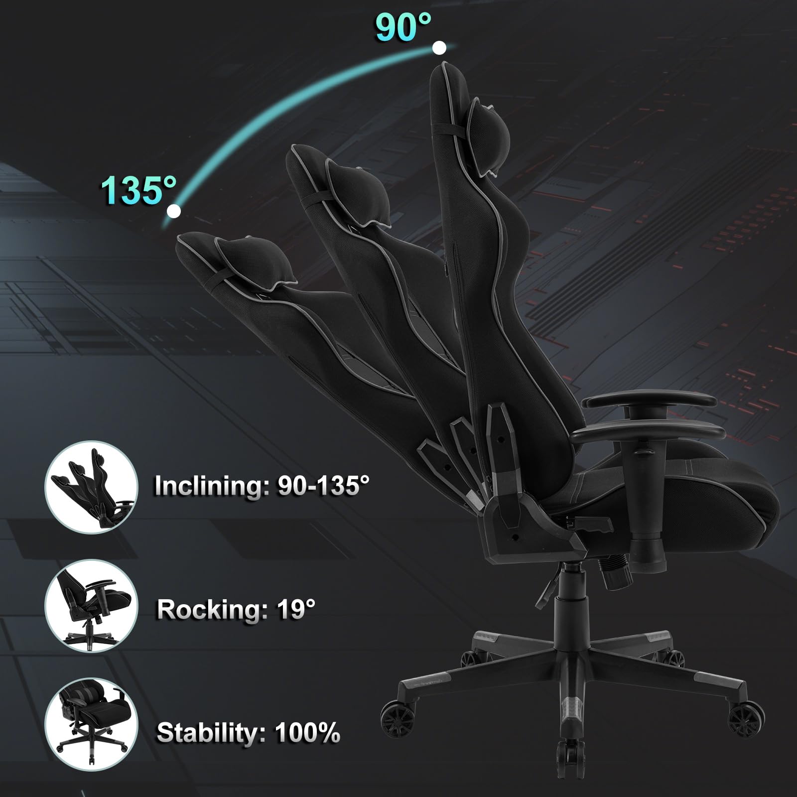 WOLTU Breathable Mesh Gaming Chair - Ergonomic PC Chair with Adjustable Armrests, Headrest & Lumbar Support, Tilt Function - Perfect for Gaming, Office Work & Home Use