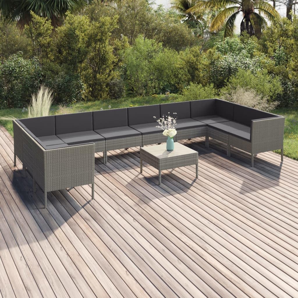 vidaXL 11-Piece Patio Lounge Set - Outdoor Sectional Sofa with Cushions, Modern Farmhouse Style Poly Rattan Furniture in Gray - Perfect for Backyard, Poolside & Garden Relaxation