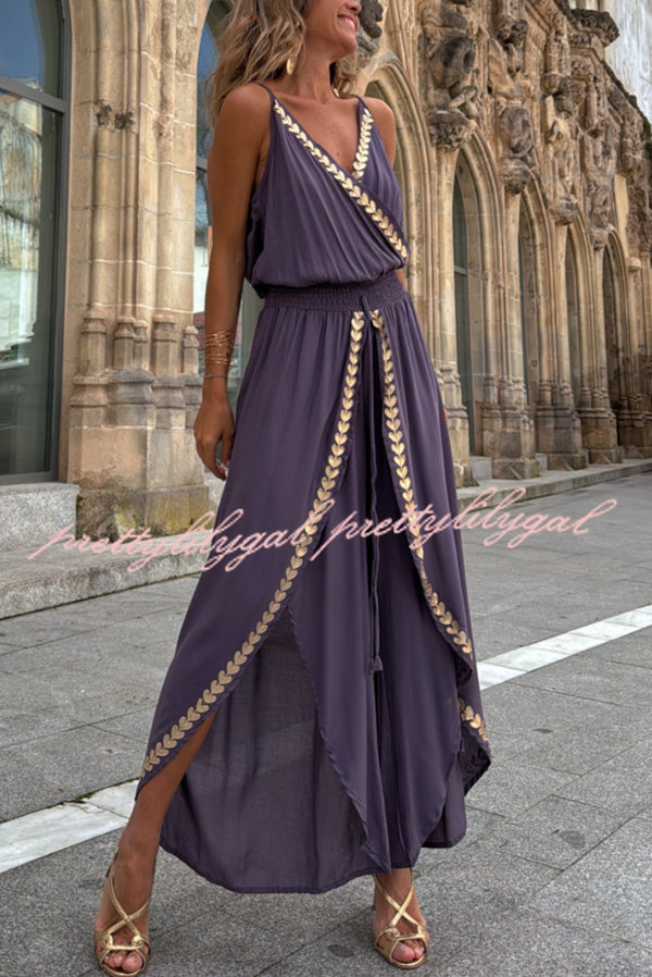 Tamia Gold Trim Elastic Waist Slit Wide Leg Slip Jumpsuit for Women - Comfortable & Stylish Lounge & Evening Wear - Perfect for Parties, Date Nights & Special Occasions