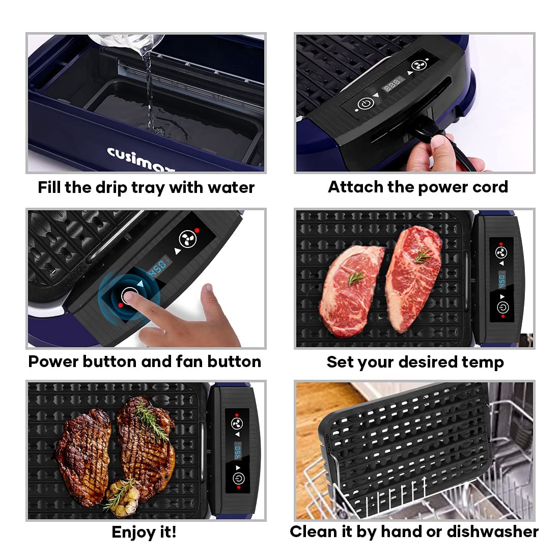 CUSIMAX Electric Indoor Grill - Smokeless Korean BBQ Grill with Turbo Smoke Extractor, Non-Stick Removable Double Plates (Grill & Griddle) - Perfect for Home Cooking, Apartments & Small Spaces
