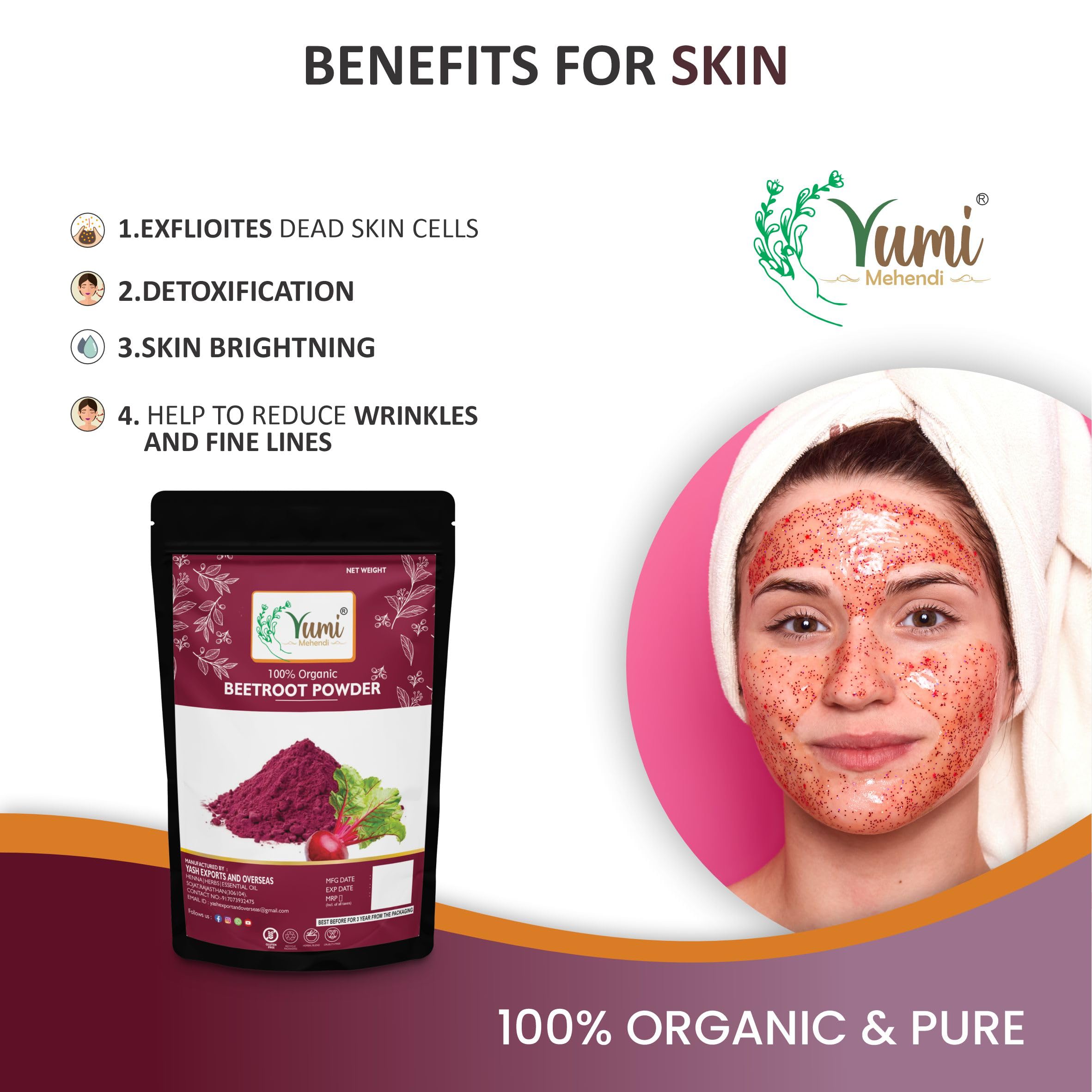 Yumi Mehendi 100% Pure Natural Beetroot Powder for Face, Skin & Hair Care - 100g Chemical-Free | Brightening Face Mask for Glowing Skin | DIY Beauty Treatments & Organic Skincare Routine