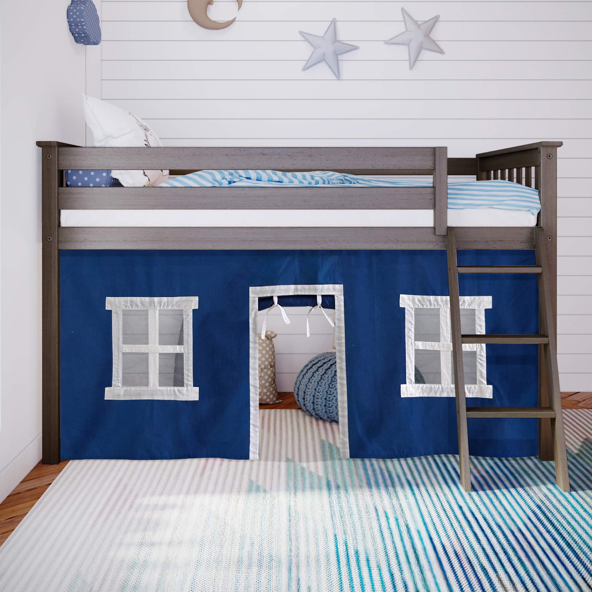 Max & Lily Low Loft Twin Bed Frame for Kids with Bottom Curtains - Clay & Blue Color | Space-Saving Kids Bedroom Furniture for Small Rooms & Play Areas