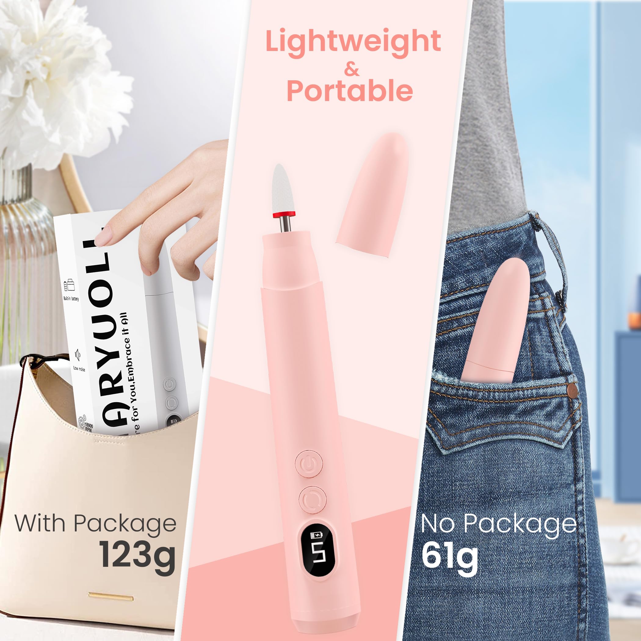 Professional Cordless Electric Nail Drill Kit - Rechargeable Portable Nail File with 5 Speed Modes, LED Light & Reversible Rotation for Home Salon, Manicure Pedicure & DIY Nail Care (Pink)