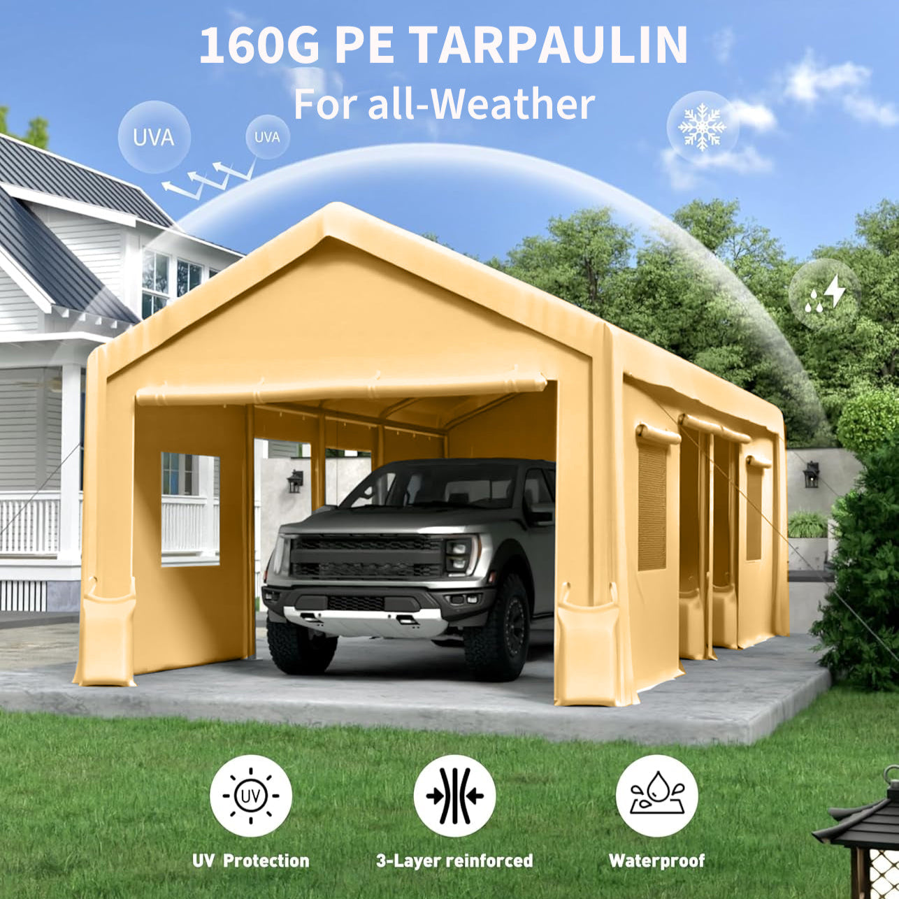 GARVEE 13x20 Feet Heavy Duty Waterproof Carport Cover - 160G UV Protected Replacement Canopy for Garage Tent Shelter - Outdoor Use for Patio, RV, Boat & Backyard (Frame Not Included)