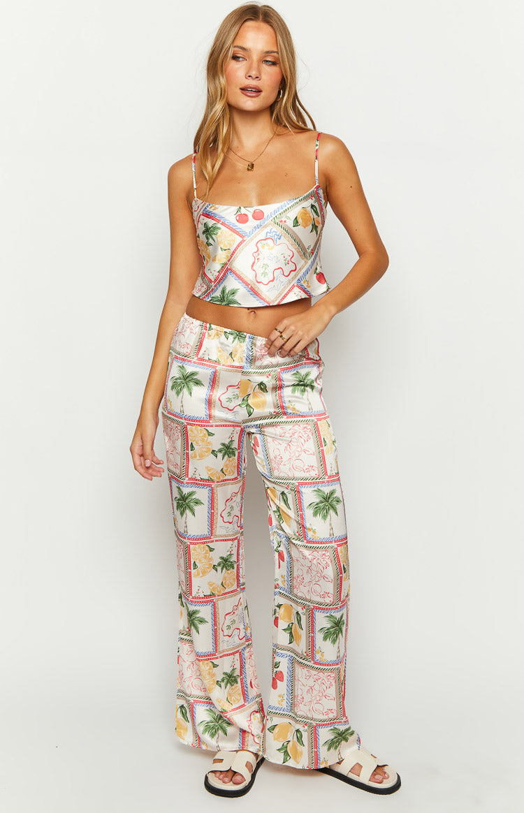 Bridget Women's White Satin Roma Print High-Waisted Palazzo Pants - Elegant Lounge Wear for Home, Party & Special Occasions