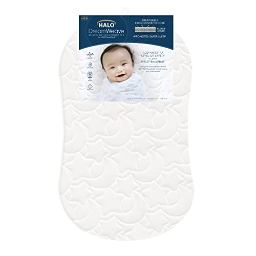 HALO DreamWeave Breathable Mesh Bassinet Mattress Replacement Pad – Hypoallergenic, Non-Toxic, 100% Machine Washable Cover – 30” x 18” x 1.3” – Perfect for Newborns & Infants – Ideal for Nursery, Bedside Sleeping & Travel