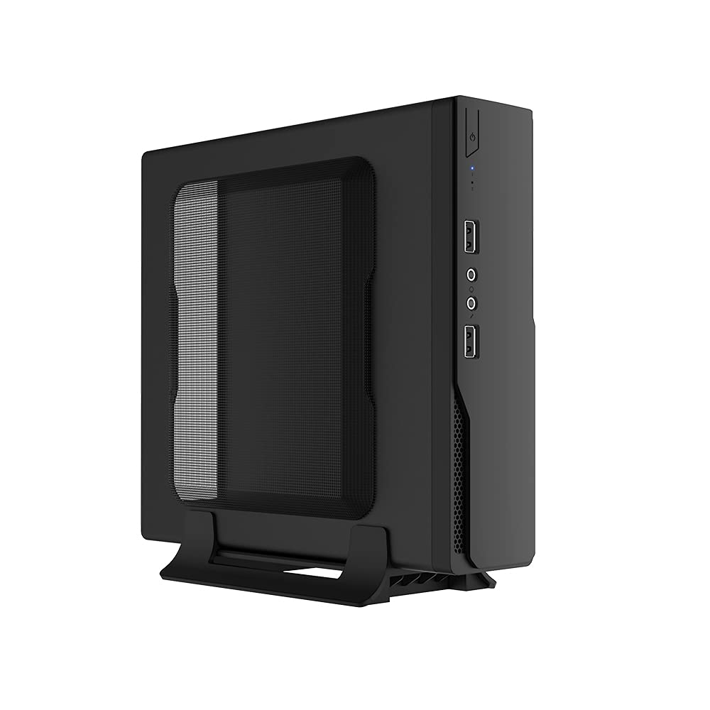 Compact Thin Mini ITX Computer Case - HTPC Chassis for ASUS, Gigabyte, MSI, ASRock & OTAC 17x17cm ITX Motherboards - Includes Desktop Holder & VESA Mount (Black) - Perfect for Home Theater PCs, Office Workstations & Space-Saving Gaming Rigs