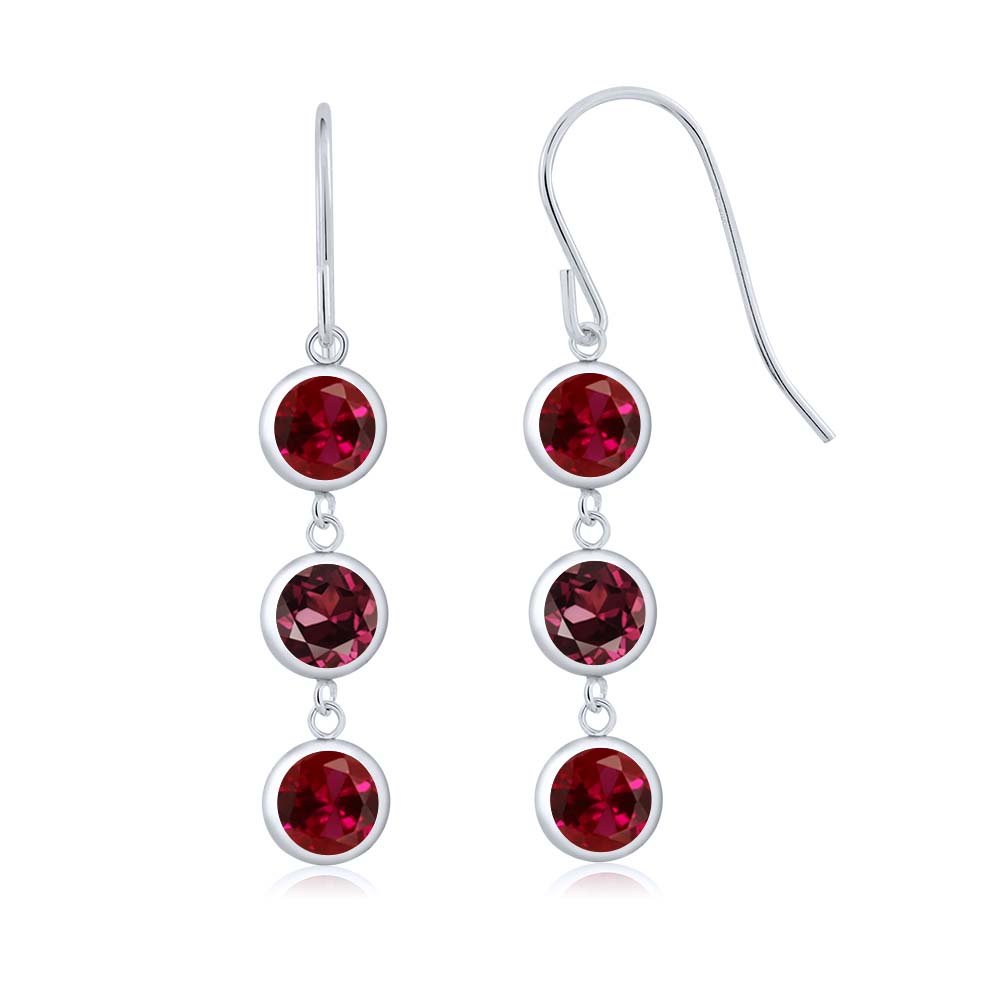 3.60 Ct Round Red Created Ruby & Rhodolite Garnet 925 Sterling Silver 3 Stone Dangle Earrings for Women - Elegant Jewelry Gift for Birthday, Anniversary & Special Occasions