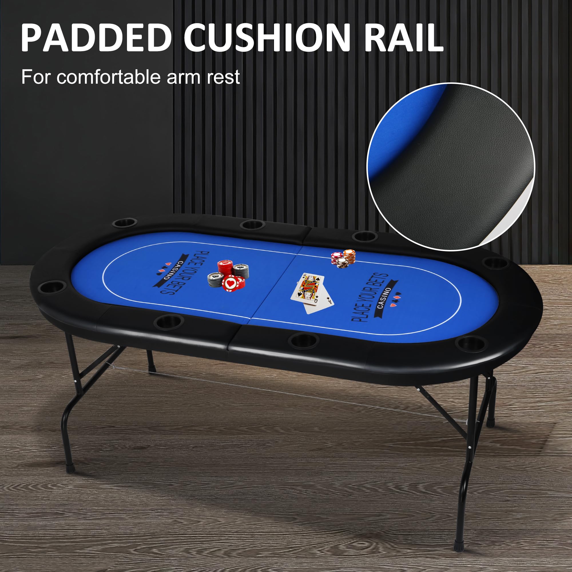 Foldable Poker Table for 8 Players - Texas Holdem, Blackjack & Baccarat Casino Game Table - Portable Folding Card Table in Blue - Perfect for Home Game Nights & Casino Parties
