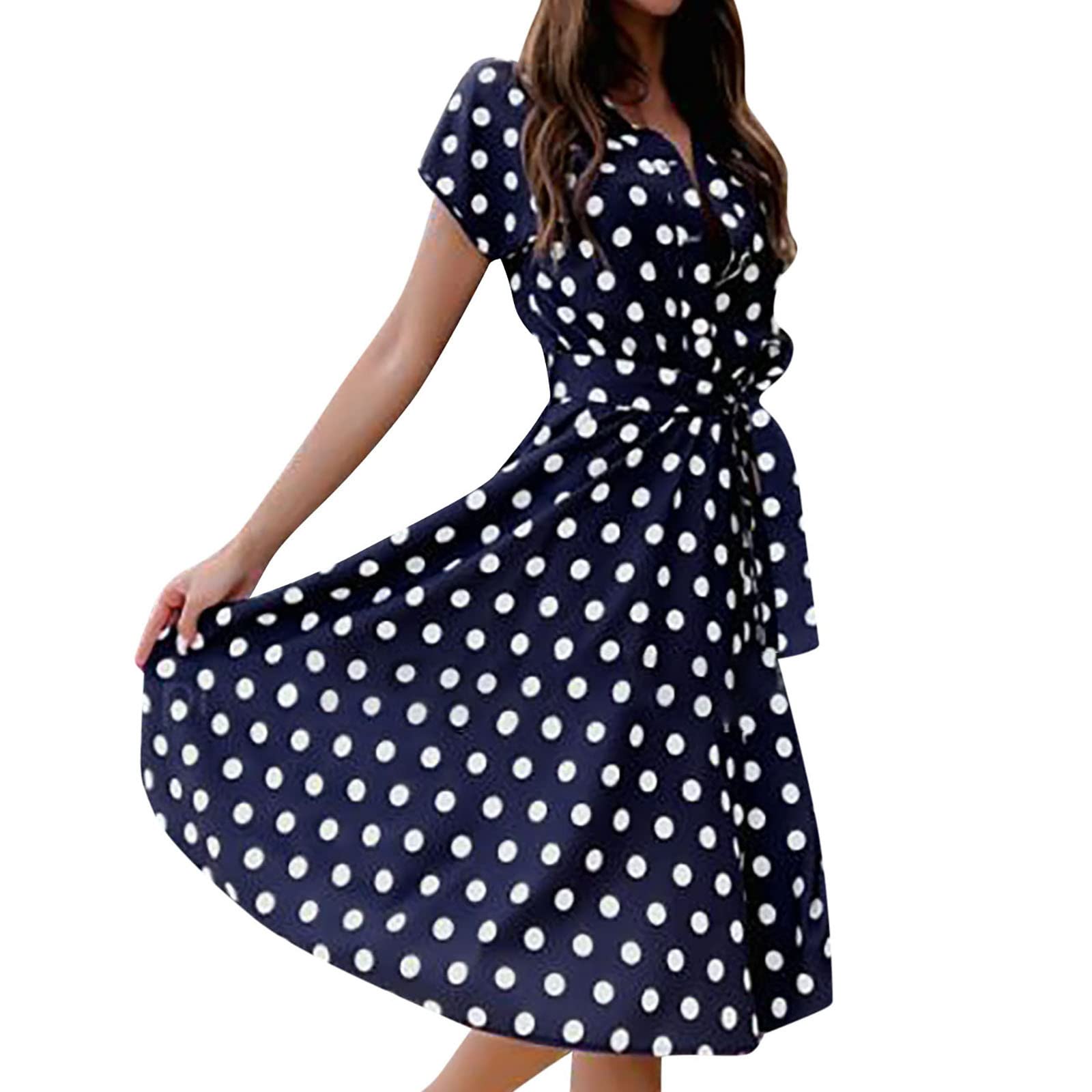 Women's Summer Casual Sexy Deep V Neck Mini Dress - Polka Dot Print, Waist Tie, Short Sleeve Sundress | Perfect for Beach Vacation, Date Night & Outdoor Parties