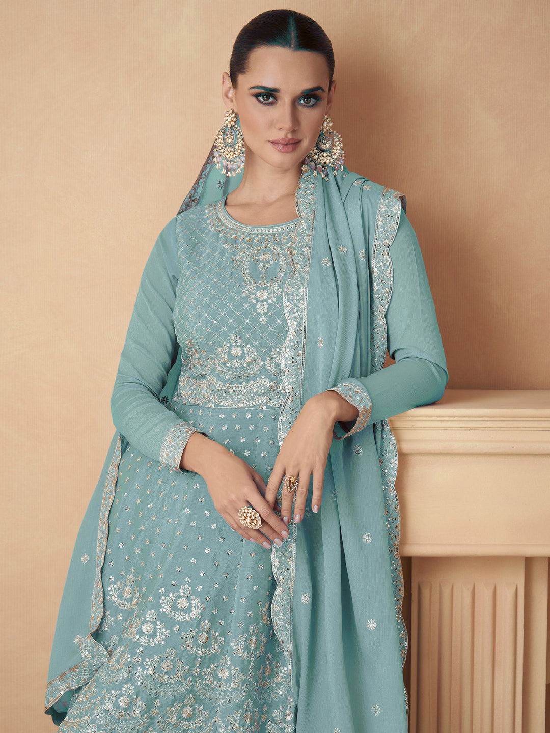 Elegant Aqua Blue Pakistani Sharara Suit with Embroidery & Sequins - Traditional Party Wear for Weddings, Festivals & Special Occasions