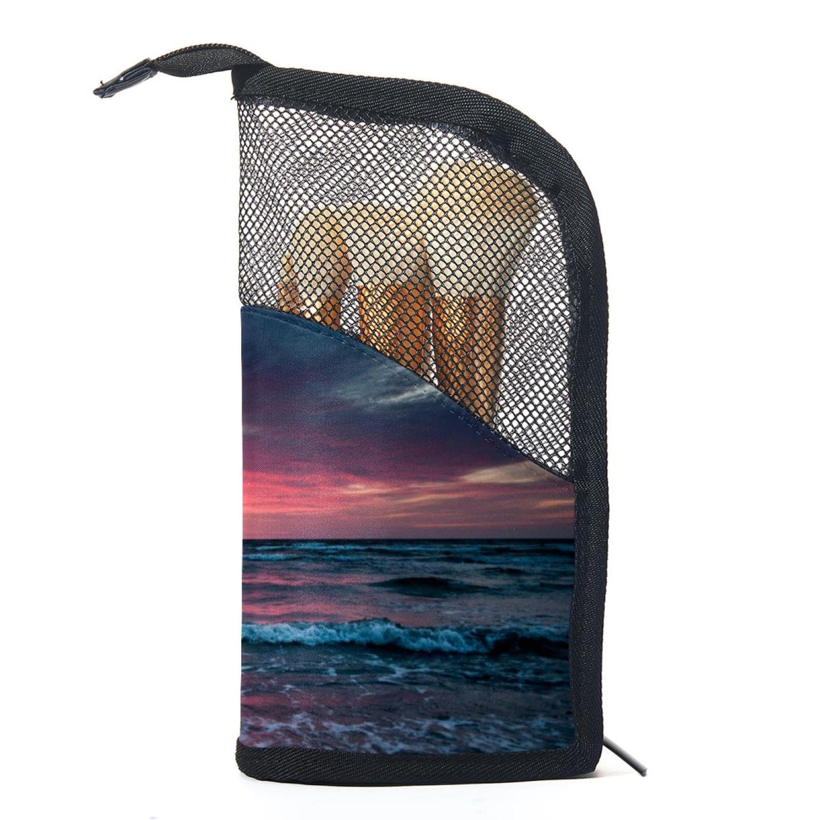 12-Piece Makeup Brush Organizer Bag - Portable Travel Cosmetic Brush Holder Case with Zipper, Pink Sea Sunset Design - Perfect for Beach Vacations, Daily Makeup Storage & On-The-Go Touch Ups