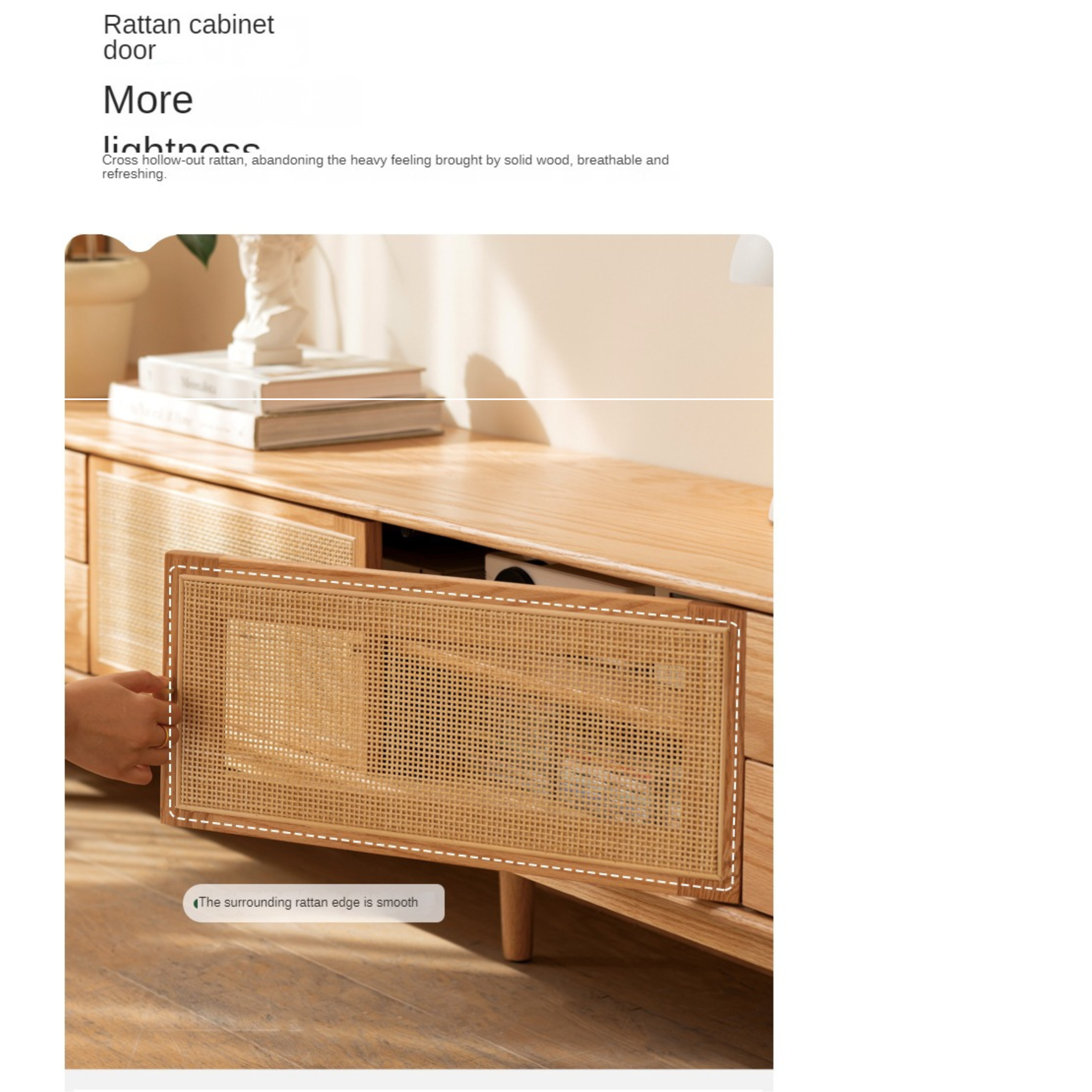 Solid Oak Wood TV Stand with Rattan Doors - Stylish Media Console for Living Room, Bedroom, or Home Theater