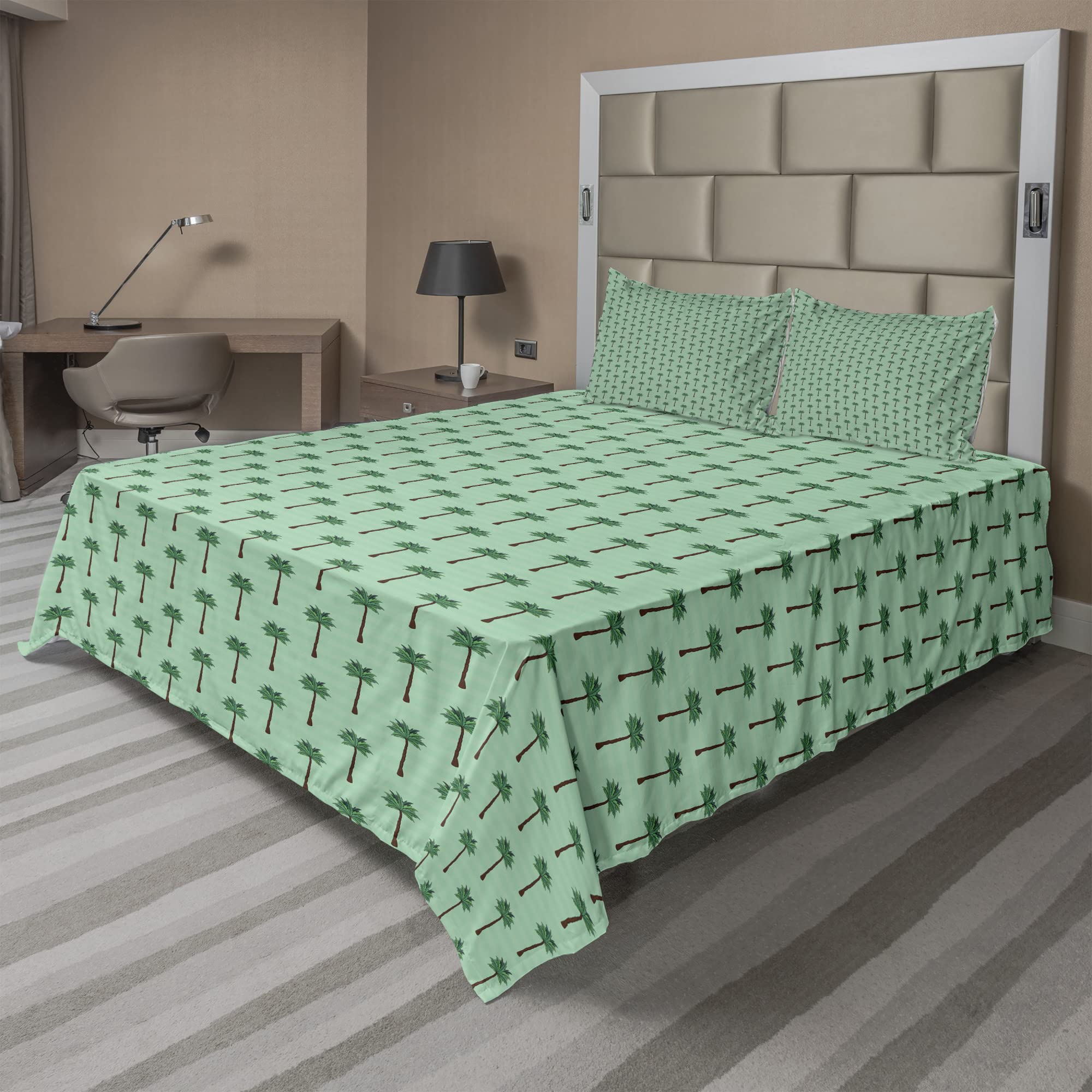 Ambesonne Tropical Palm Tree Stripes 4-Piece King Sheet Set - Fitted Sheet, Flat Sheet & 2 Pillowcases - Seafoam Forest Green Summer Bedding for Beach House, Vacation Rental & Tropical Bedroom Decor