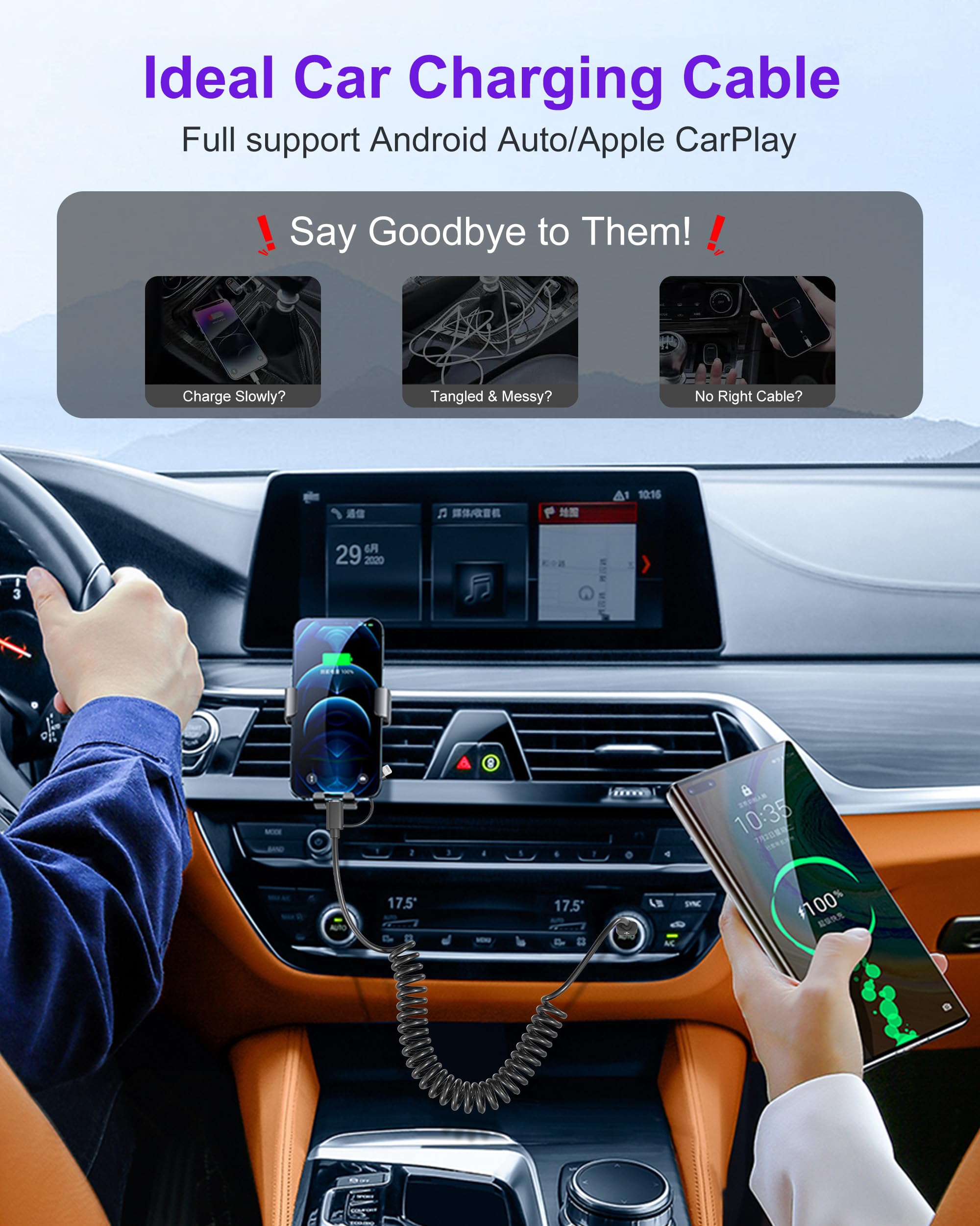 2-in-1 USB to USB-C & Lightning Coiled Cable - 3A Fast Charging & Data Sync for iPhone 15/14/13/12 & Android - 3FT Short Curly Cable (Supports Apple CarPlay & Android Auto) - Perfect for Car Charging, Home & Office Use