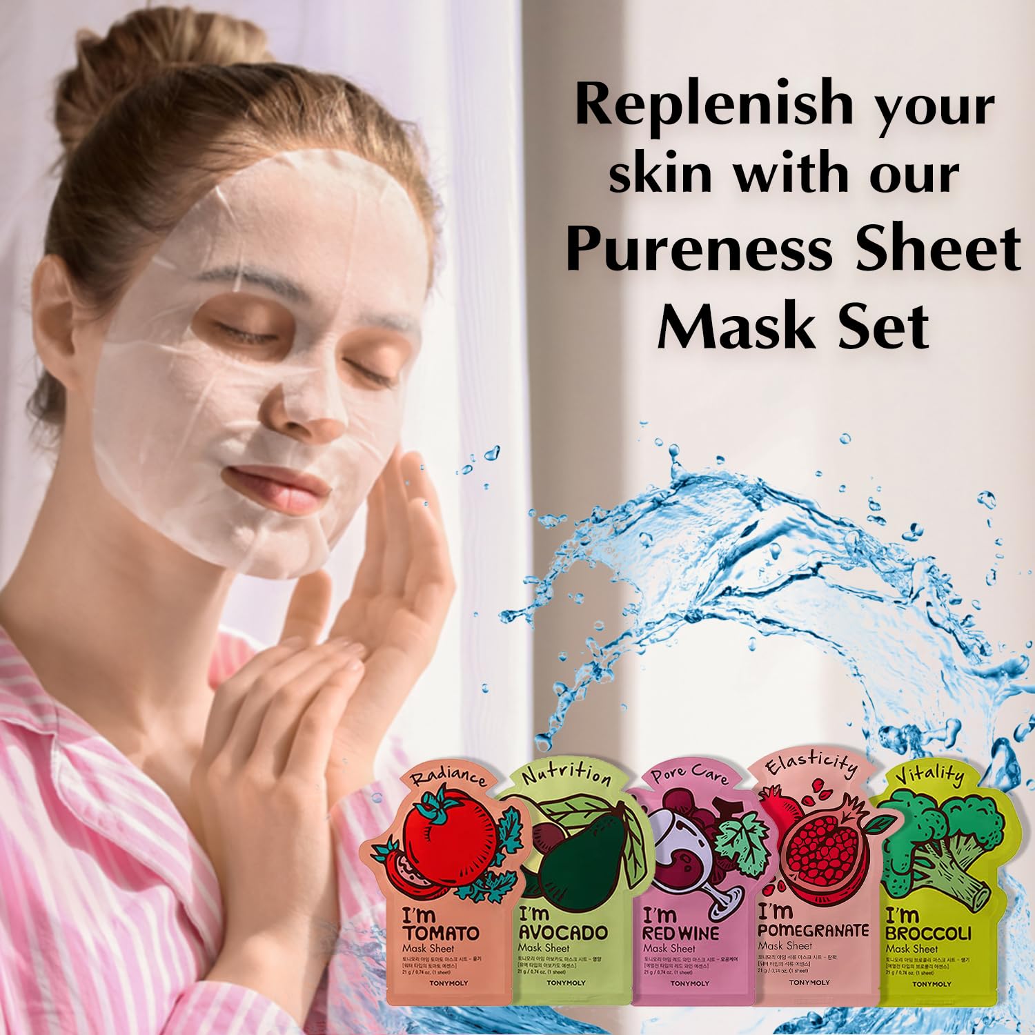 Tonymoly Pureness Sheet Mask Pack of 5 - Hydrating Cotton Face Mask for Glowing Skin, Brightening & Nourishing - Instantly Soothes & Refreshes Skin - Perfect for Daily Skincare Routine, Spa Day or Travel Essentials