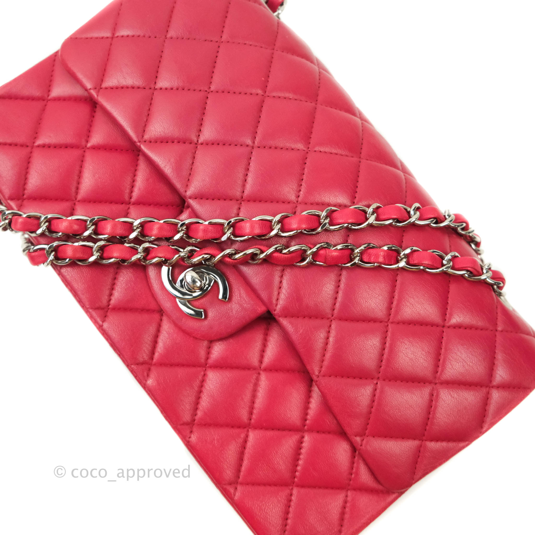 Chanel Classic Medium Double Flap Bag - Red Lambskin Leather with Silver Hardware | Luxury Handbag for Women, Perfect for Parties & Evening Events