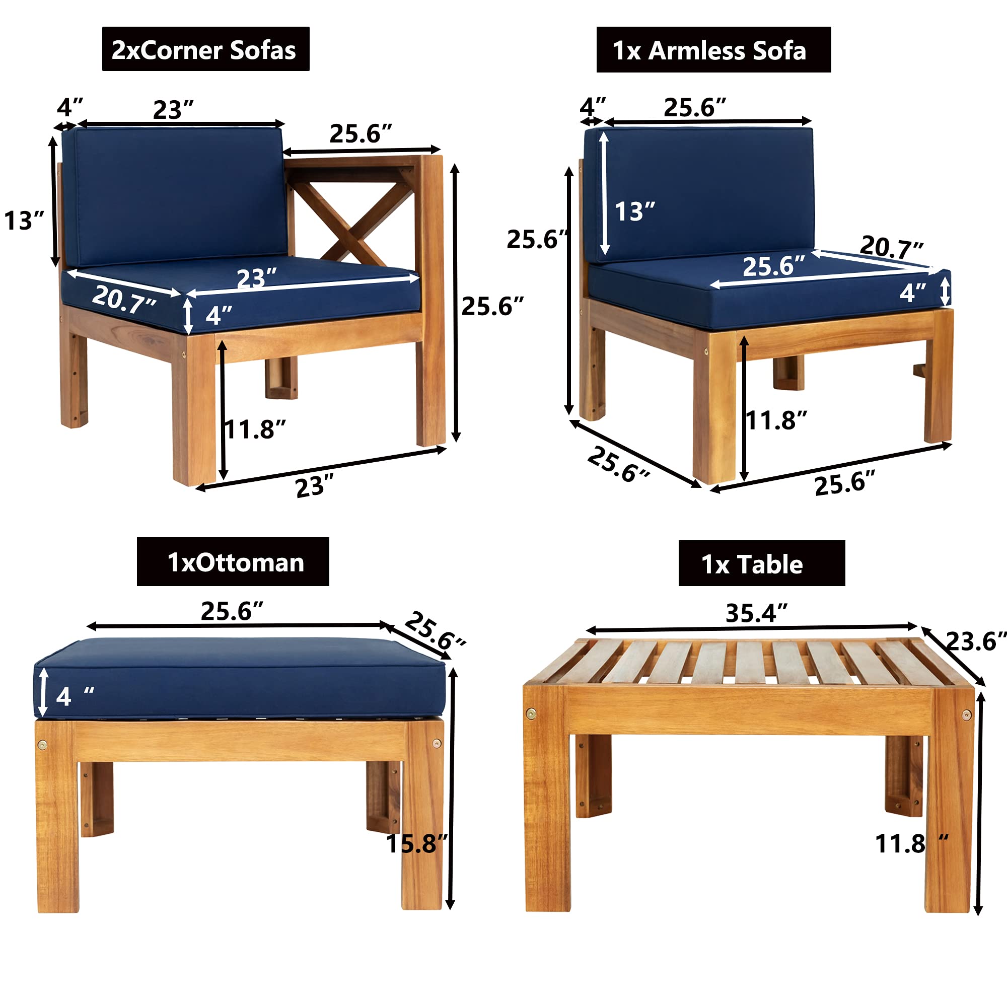 Premium 5-Piece Acacia Wood Outdoor Patio Furniture Set with Cushions - All-Weather Corner Sofa & Coffee Table Conversation Set, Natural Finish + Blue Cushions for Backyard, Garden, Poolside or Terrace Relaxation