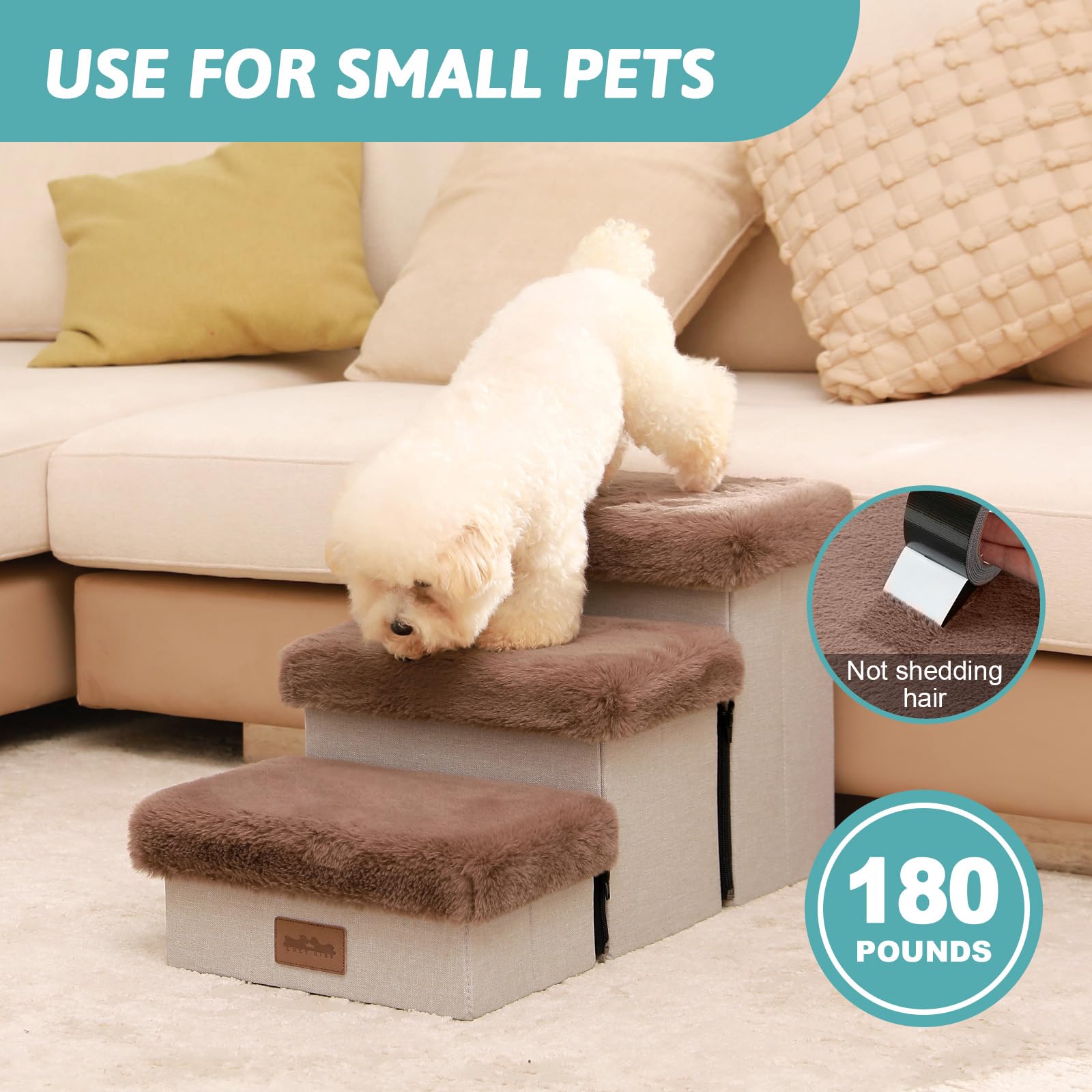 Foldable 3-Tier Dog Stairs for Small & Medium Dogs & Cats - Soft Cover Pet Steps with Storage for Bed, Couch & Sofa Access - 24.8