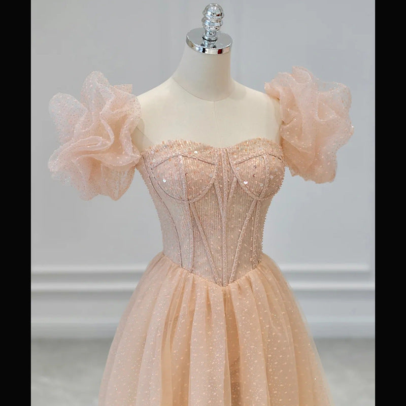 Elegant Champagne Pink Sparkly A-Line Long Prom Dress with Bling - Perfect for Evening Gala, Homecoming, and Formal Events