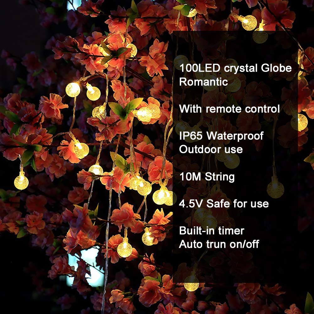 100 LED Globe String Lights 33ft - Waterproof Fairy Lights with Remote Control & Timer, 8 Lighting Modes for Indoor Outdoor Use - Perfect for Bedroom, Garden, Christmas Tree, Wedding, Party Decor (Warm White)