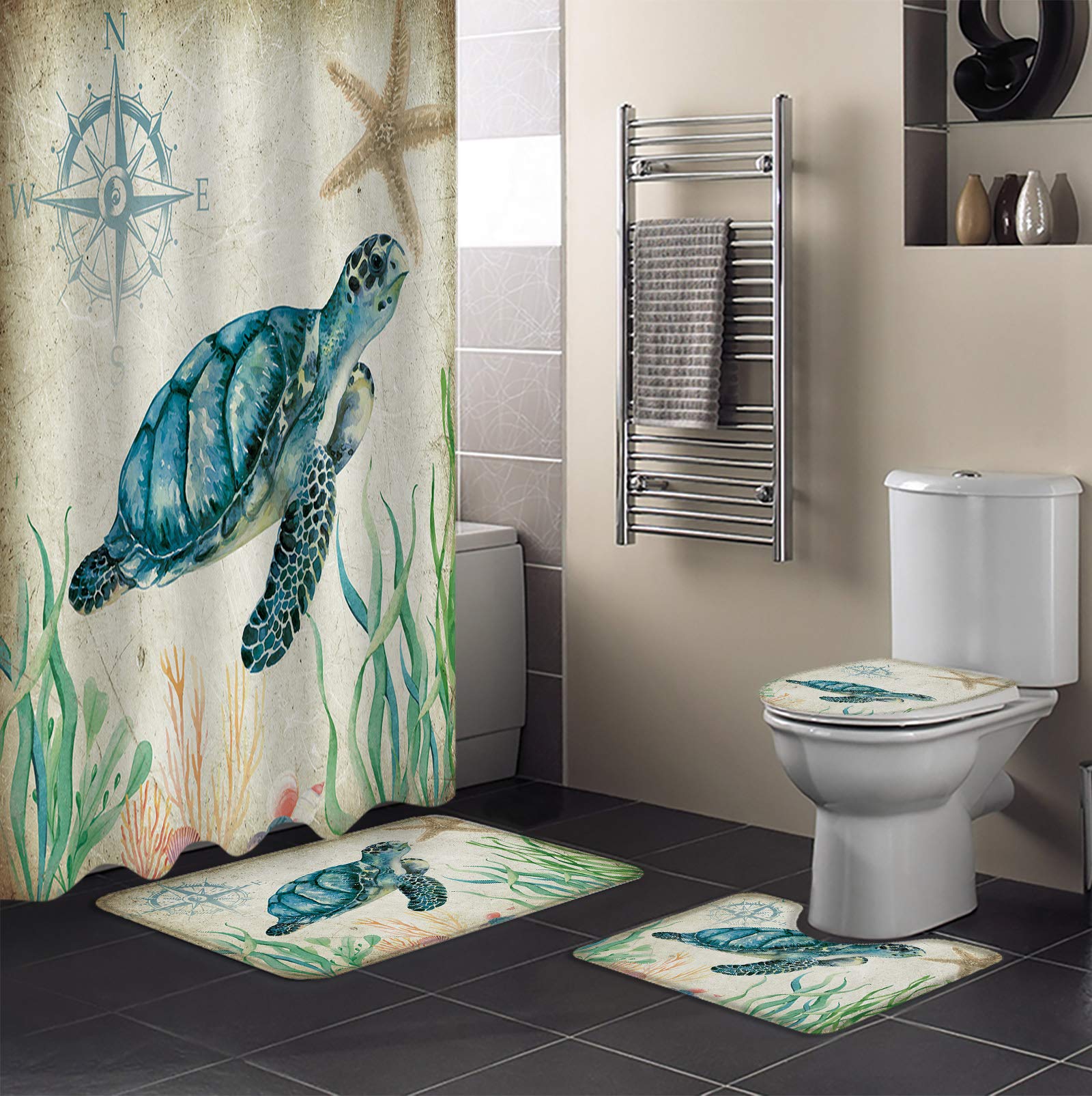 4-Piece Bathroom Rug Set with Sea Turtle Shower Curtain - Non-Slip Bath Mat, Toilet Lid Cover & Hooks - Vintage Underwater Starfish Decor (66