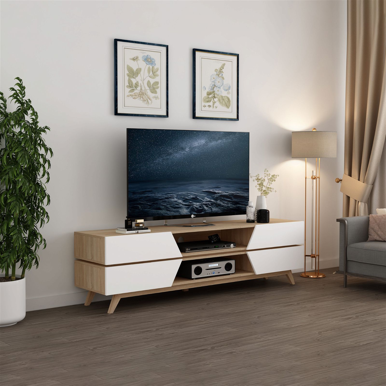 NORDIC 1800 Entertainment Unit - Solid Oak TV Stand with Storage by Criterion | Perfect for Living Room Home Theater Setup