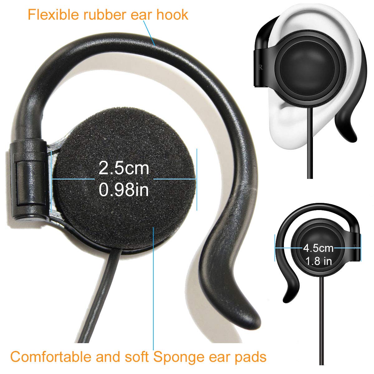 EXMAX SEP-01 Sports Stereo Headphones - Single Side Ear Hook Bass Earphones with 3.5mm Jack for Wireless Tour Guide System, MP3 Player, Laptop & Tablets - Left Side - Perfect for Running, Gym Workouts & Outdoor Activities
