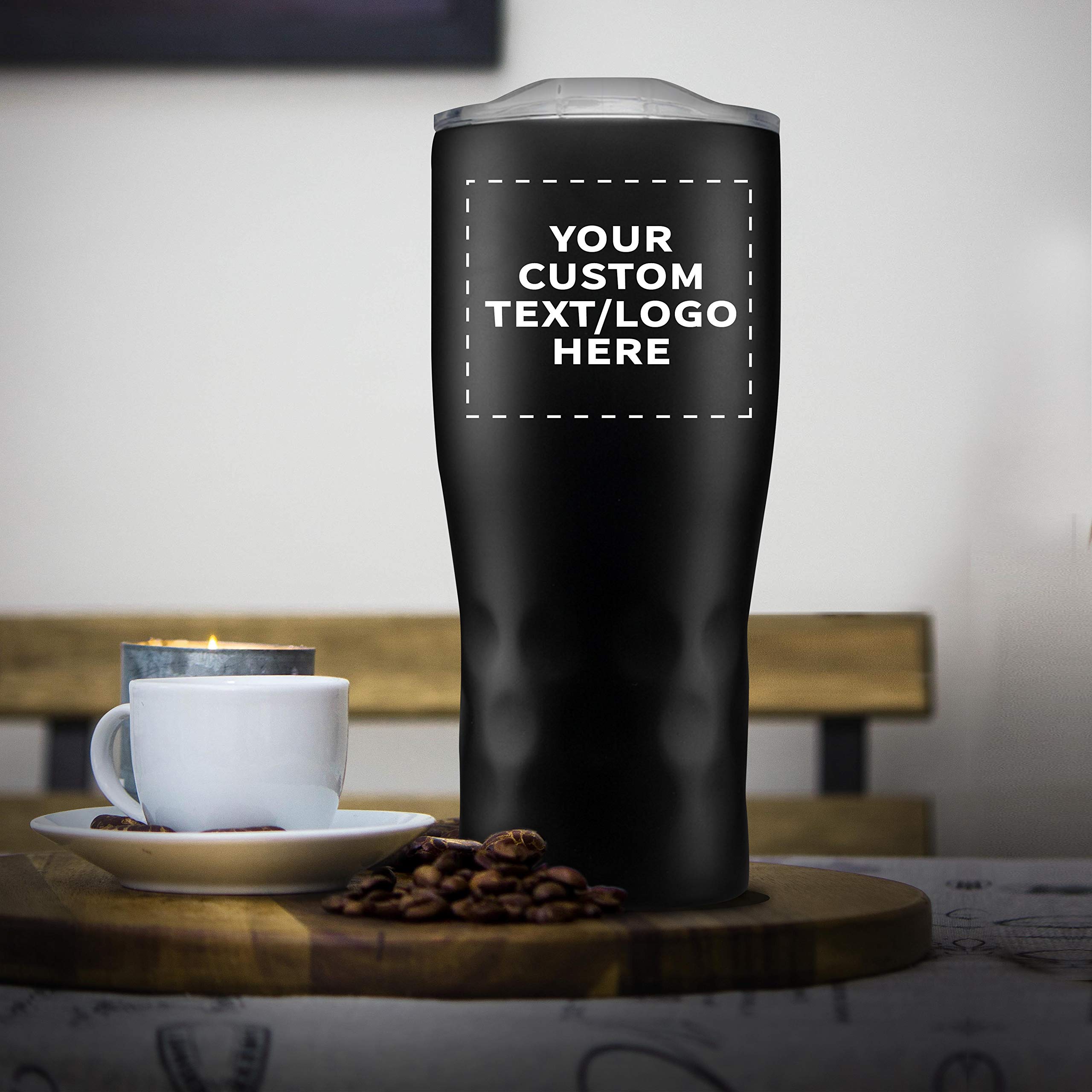 Personalized 25 oz Stainless Steel Tumblers with Huckleberry Grip - 6 Pack Custom Engraved Cups for Name, Logo - Black Insulated Travel Mug for Coffee, Tea, Camping & Office Use