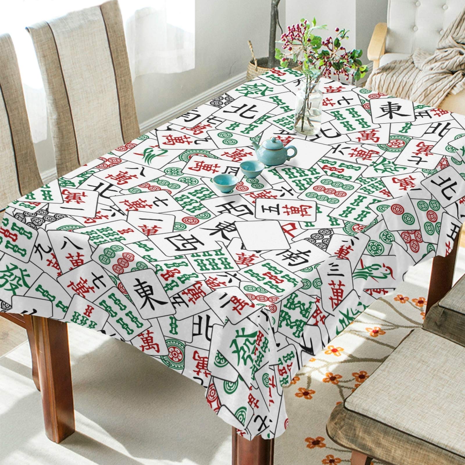 White Chinese Mahjong Pattern Polyester Tablecloth 60x108 Inch - Rectangle Dining Table Cover for Parties, Dinner Decor & Asian-Themed Events