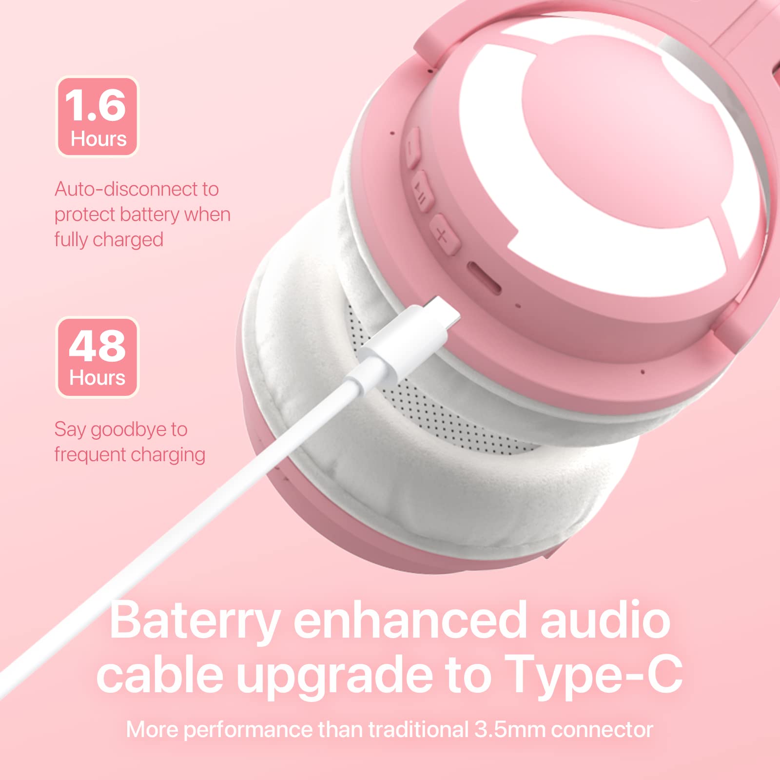 YOWU Cat Ear Headphones 3G - RGB Wireless/Wired 5.0 Foldable Gaming Headset with 7.1 Surround Sound, Built-in Mic & Customizable LED Lighting via APP (Pink) | Perfect for PC Gaming, Streaming, and Cosplay