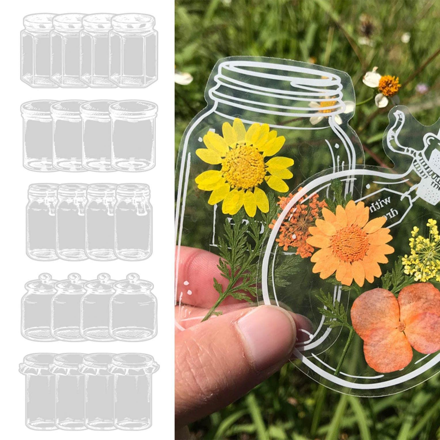 20PCS Transparent Dried Flower Bookmarks - Handmade DIY Floral Glass Bookmarks with Mason Jar Design, Perfect for Book Lovers, Journaling, Scrapbooking & Gift Giving (5 Mixed Styles)