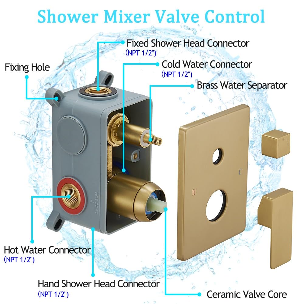 High Pressure 10 Inch Shower Faucet Set with Handheld Spray & Rough-in Valve - Brushed Gold Finish for Bathroom & Shower Room | Perfect for Modern Home Spa Experience & Water Saving
