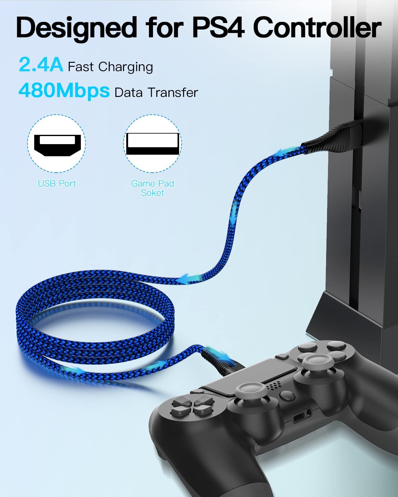 HUNYYN 2-Pack PS4 Controller Charger Cable - Extra Long 3M Micro USB Charging Cord for PlayStation 4, DualShock 4, PS4 Slim, PS4 Pro & Micro USB Devices - Perfect for Gaming, Home Entertainment & Office Use