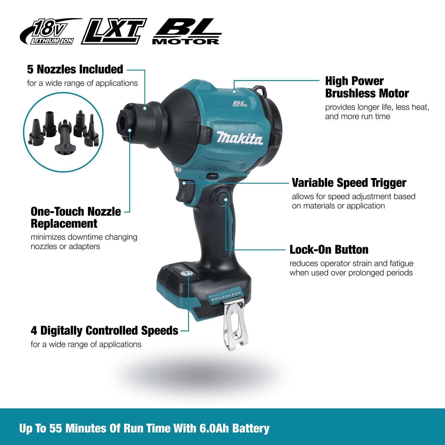 Makita DAS180Z 18V Cordless Leaf Blower - Battery-Powered Brushless Outdoor Blower for Yard Cleaning, Lawn Care, and Dust Removal (Batteries & Charger Sold Separately) | Perfect for Home Garden Maintenance, Garage Cleaning, and Construction Site Debris Clearing