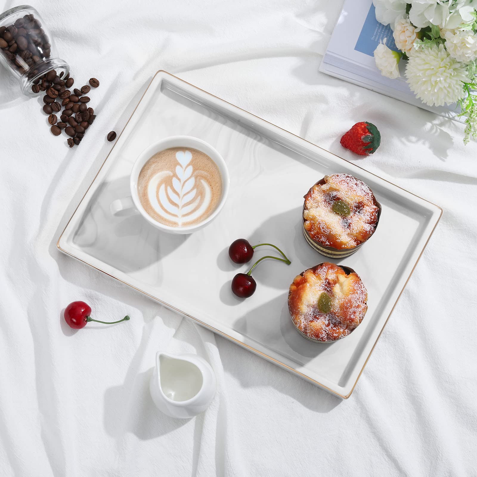Shinowa Ceramic Vanity Tray - Marble Finish Rectangle Perfume & Jewelry Organizer for Bathroom Countertop, Dresser, Living Room & Kitchen - Large White Decorative Tray (Perfect for Organizing Fragrances, Cosmetics & Accessories)