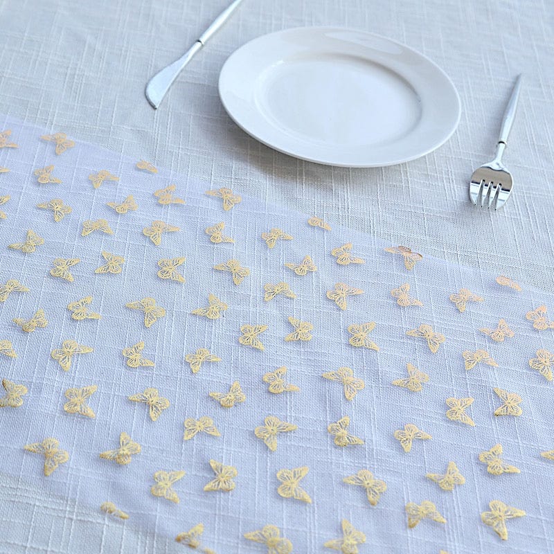 5-Pack White & Gold Sheer Organza Table Runners with Metallic Foil Butterfly Designs - Elegant Wedding, Party, and Home Decor Table Setting Accessories