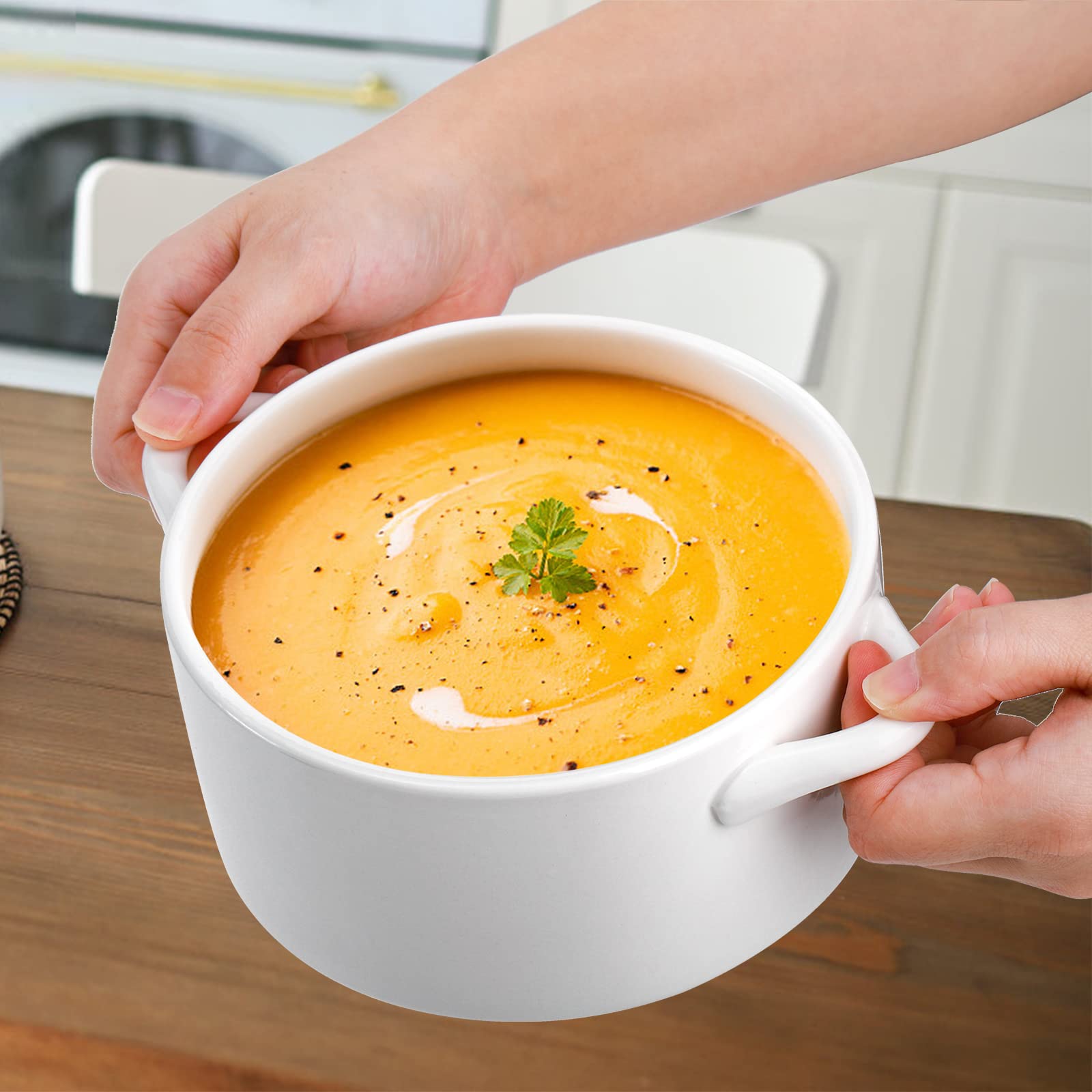 SOUJOY 6 Pack French Onion Soup Bowls - 22Oz Porcelain Serving Bowls with Handles, Oven Safe Crocks for Soup, Cereal, Chili, Pot Pie & Beef Stew - Perfect for Baked Dishes, Restaurant Serving & Family Dining