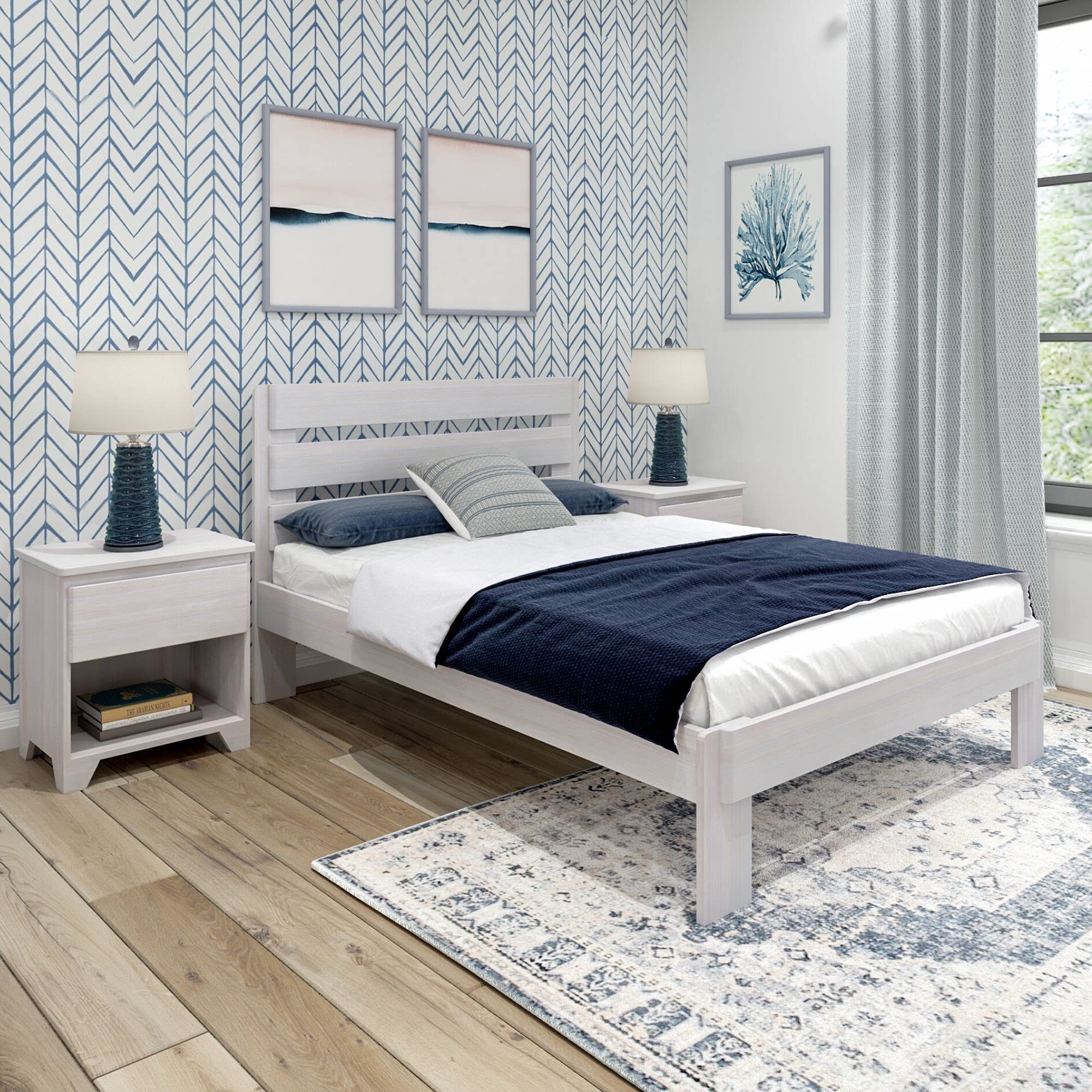 Rustic White Wash Wood Full Bed Frame with Headboard - Solid Platform Bed with Slatted Support for Bedroom, Guest Room & Dormitory