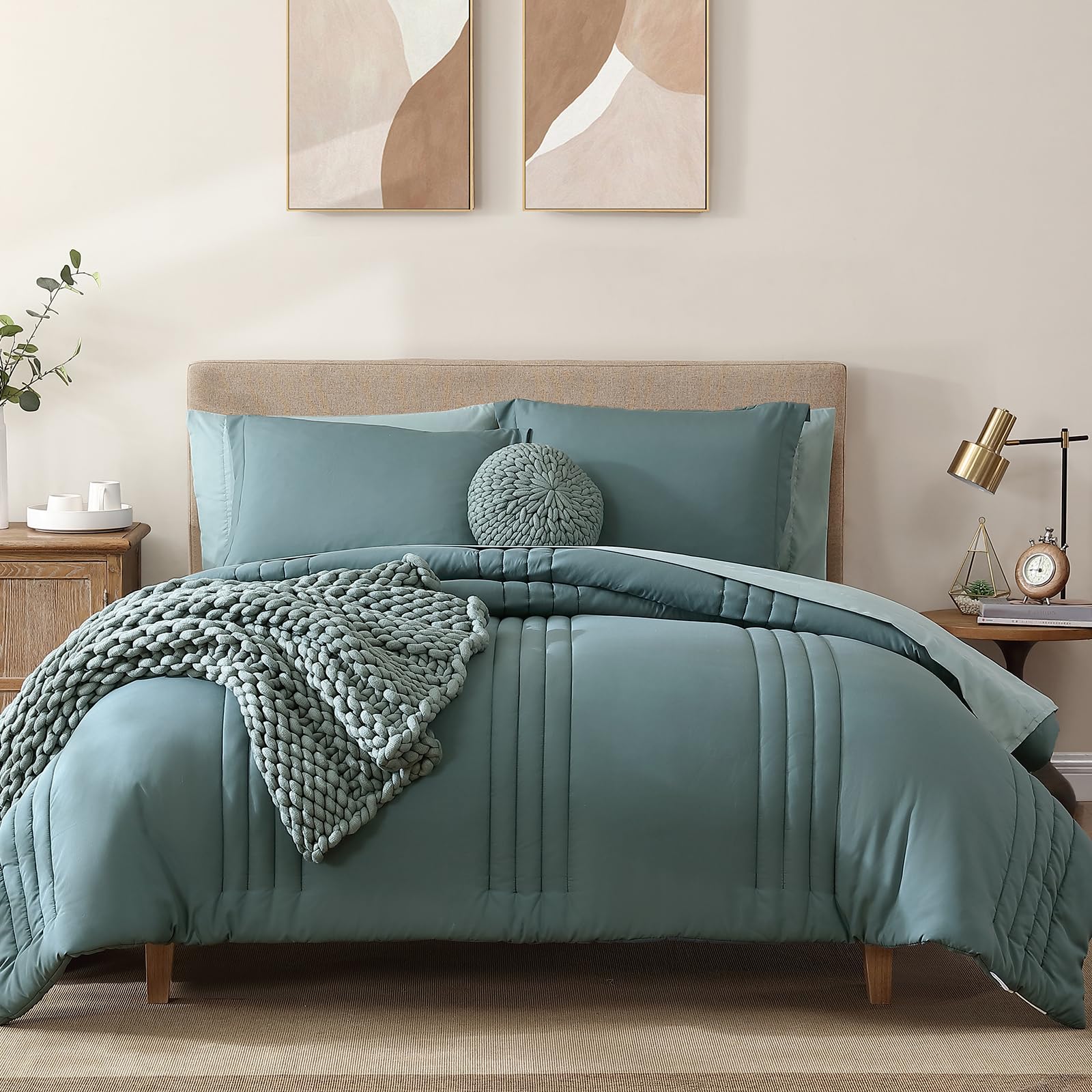 Monbix King Size Comforter Set - 7 Piece All Seasons Bed in a Bag with Down Alternative Comforter, Sheets, Pillowcases & Shams - Dark Green Luxury Bedding for Master Bedroom & Guest Room