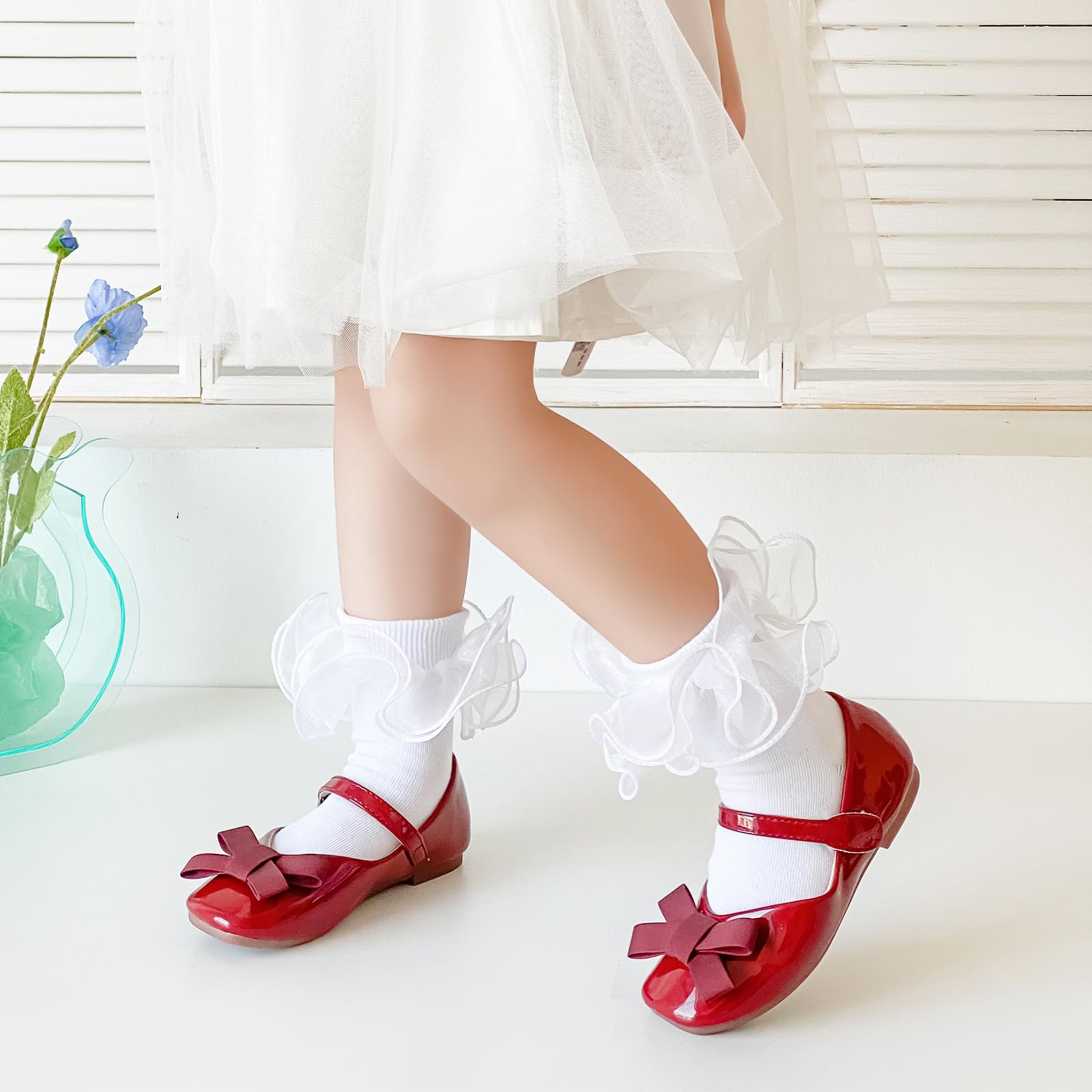 Girls Ruffle Socks - Shiny Double Big Lace Ankle Socks 2-3 Pairs Set for Toddlers | Frilly Dress Socks for Pageants, Parties & Special Occasions | Comfortable Turn Cuff Socks for Girls Outfits